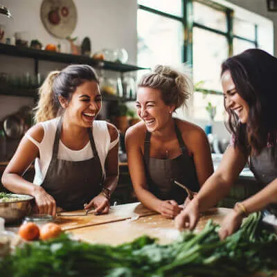 キッチンで笑う3人の女性たち