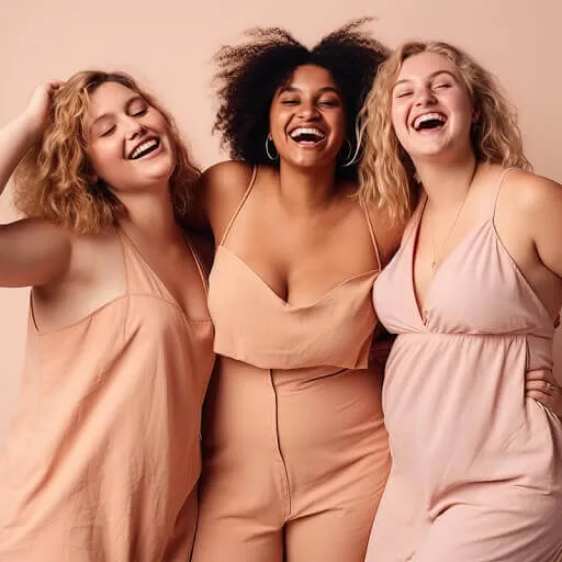 肩を組み笑う3人のふくよかな女性たち